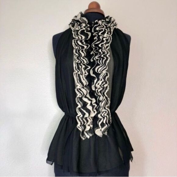 Robert Rodrigues for Neiman Marcus Ruffled Chiffon  Halter Top in Black/Cream - Picture 2 of 15